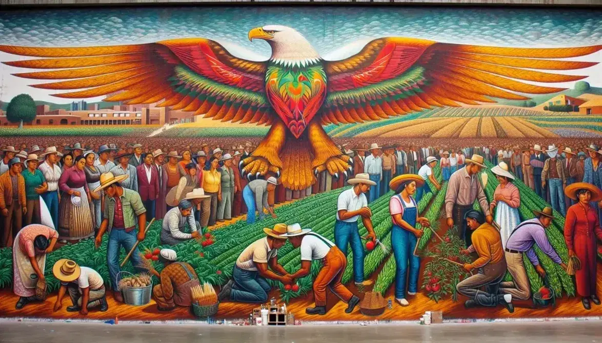 Bright Chicano-style mural with unified figures, a stylized eagle in Mexican flag colors, and a farmworker in a field under a gradient blue sky.