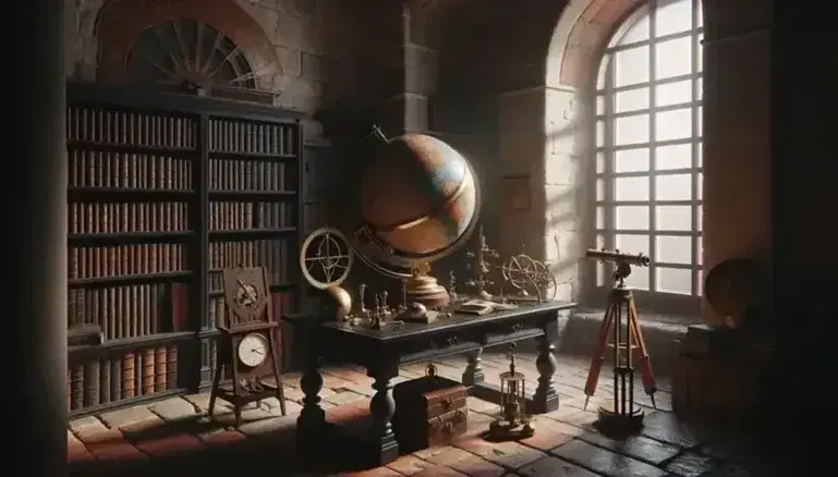 Studio antico con strumenti scientifici vintage, globo terrestre, telescopio su treppiede e libreria con volumi in pelle.