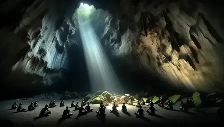 Cueva espaciosa con luz natural filtrándose por una abertura superior, iluminando figuras humanas sentadas y una de pie explorando.