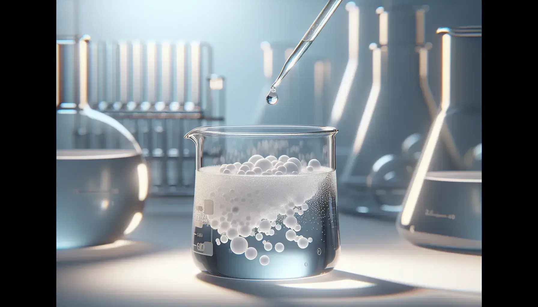 Glass beaker with colorless liquid and white solid particles dissolving, dropper releases a drop creating a wave, blurred laboratory background.