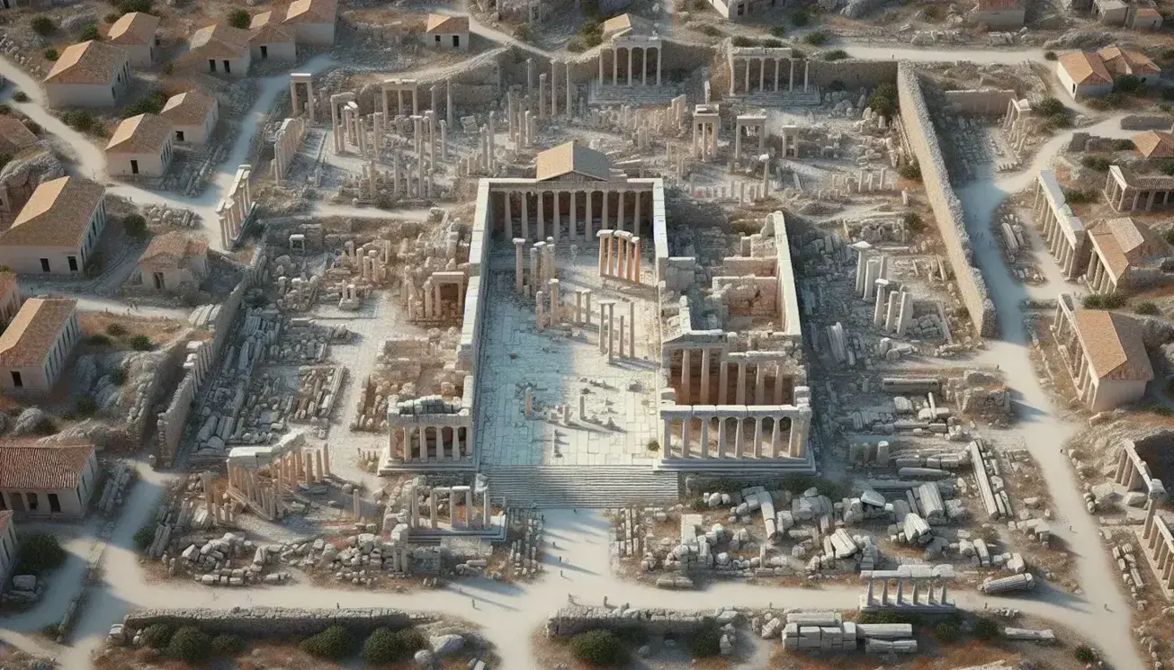 Veduta aerea di rovine greche con agorà centrale, colonne doriche e resti di tempio su terreno arido, senza persone.