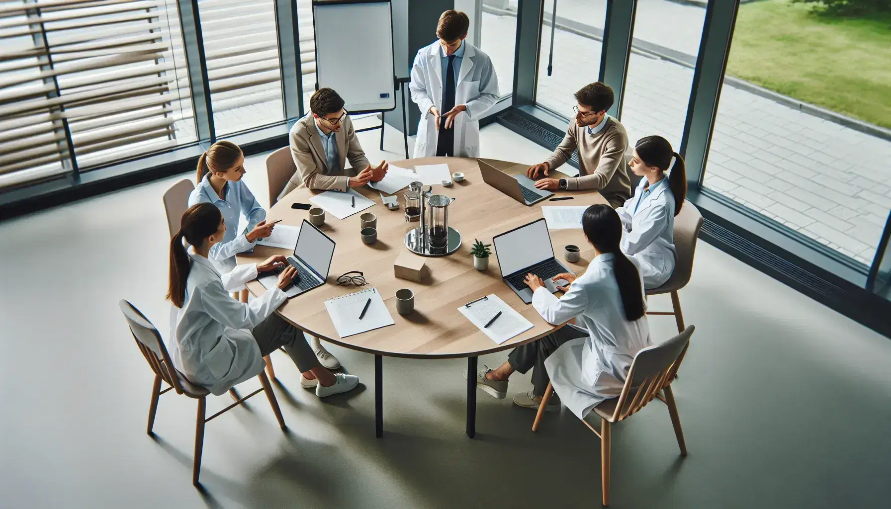 Grupo de cinco profesionales en reunión de trabajo alrededor de una mesa redonda con portátiles, papeles y tazas de café, en una sala iluminada con una pizarra blanca y planta al fondo.