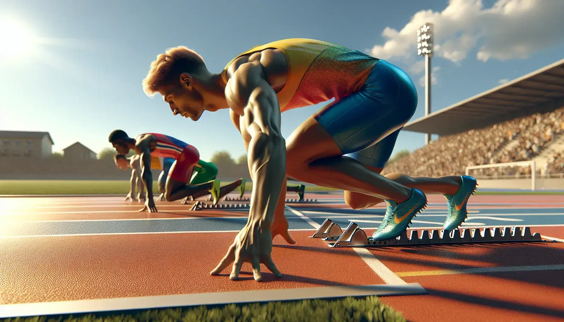 Atleta masculino en posición de salida en pista de atletismo al aire libre, con uniforme azul y amarillo y zapatillas de clavos, en día soleado.