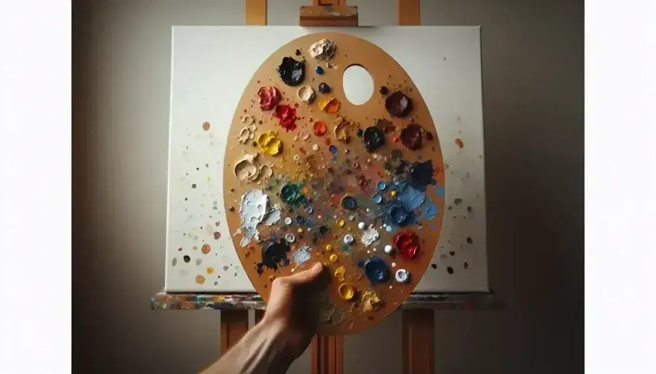 Paleta de pintor de madera ovalada con manchas de pintura en tonos azules, rojos, amarillos, verdes, blancos y negros, sostenida por una mano sobre fondo de lienzo en blanco y caballete.