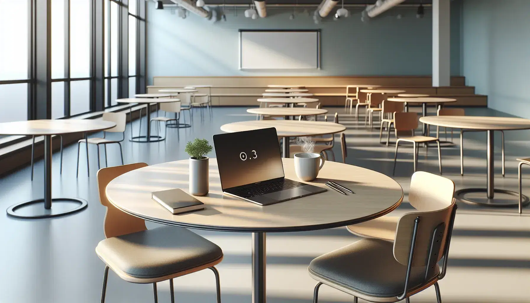 Modern, bright classroom with round table, silver laptop, coffee cup, green plant, empty chairs and big windows.