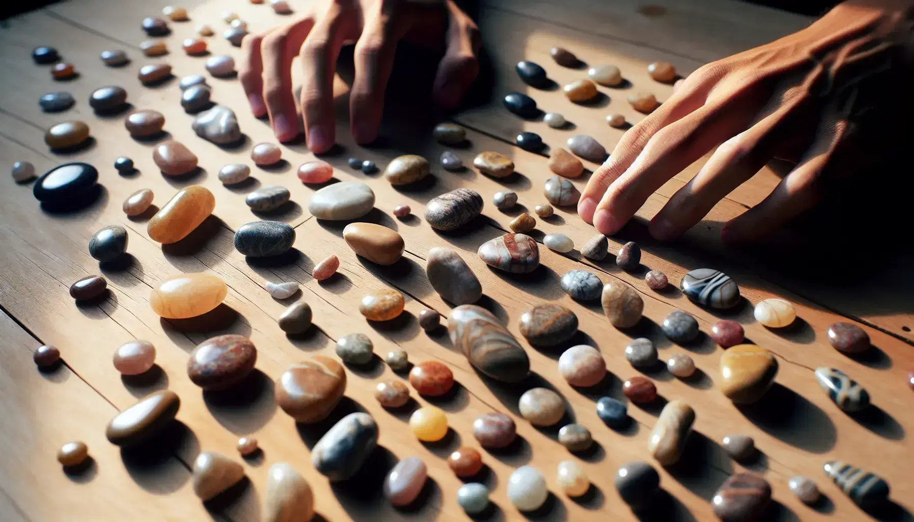 Close-up of human hands selecting multicolored polished stones on wooden surface, with shades from beige to gray and various textures.