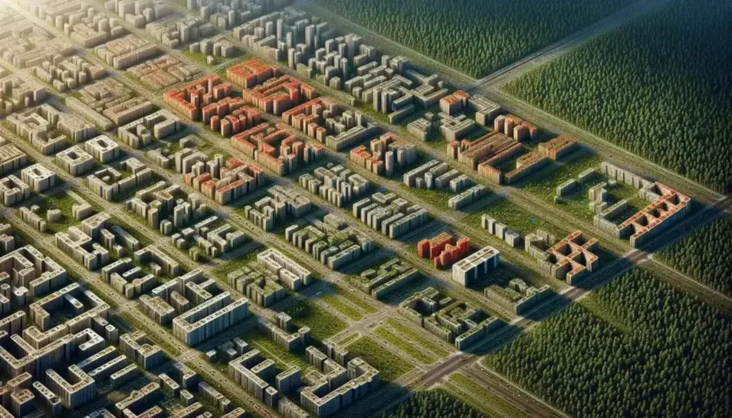Vista aérea de una ciudad en expansión hacia un área forestal con edificios coloridos, calles en cuadrícula y espacios verdes intermedios bajo un cielo azul despejado.