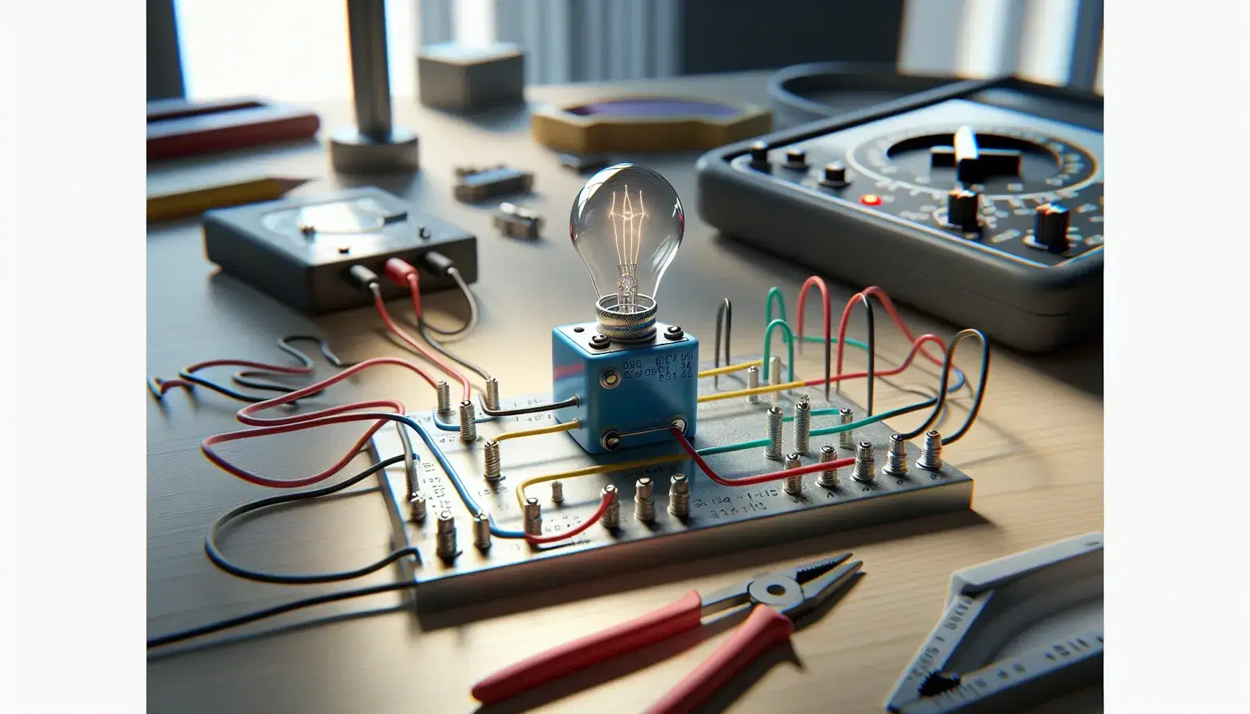 Laboratorio di fisica con circuito elettrico su tavolo in legno, batteria blu, fili colorati, interruttore aperto e lampadina spenta.