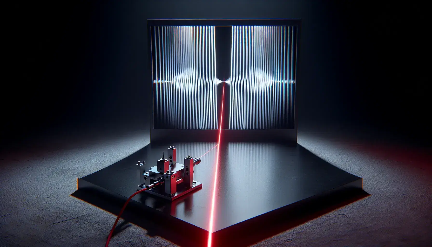 Double-slit experiment demonstrating wave-particle duality with a red laser beam creating an interference pattern of bright and dark bands on a screen.
