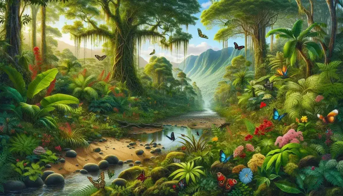 Paisaje tropical con mariposas coloridas, aves junto a un arroyo cristalino, árboles frondosos con lianas y montañas al fondo bajo un cielo azul.