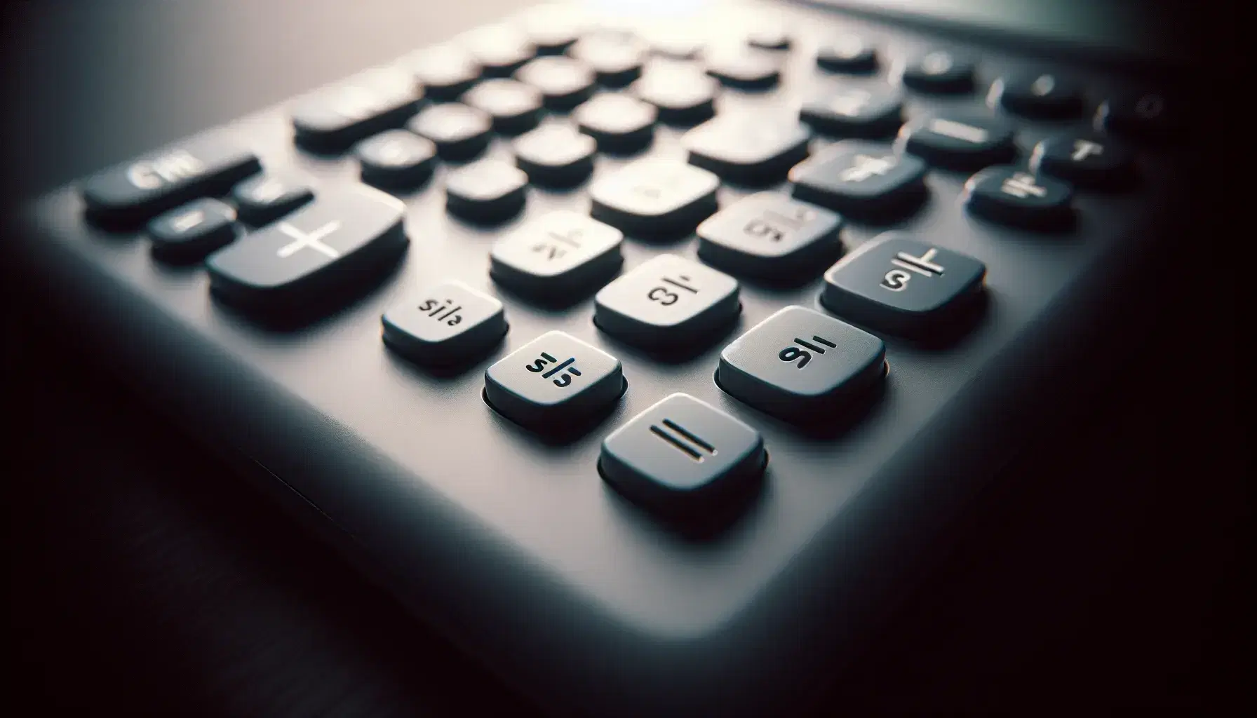 Close-up view of a scientific calculator's matte gray trigonometric function keys, neatly arranged with subtle shadows, against a blurred background.