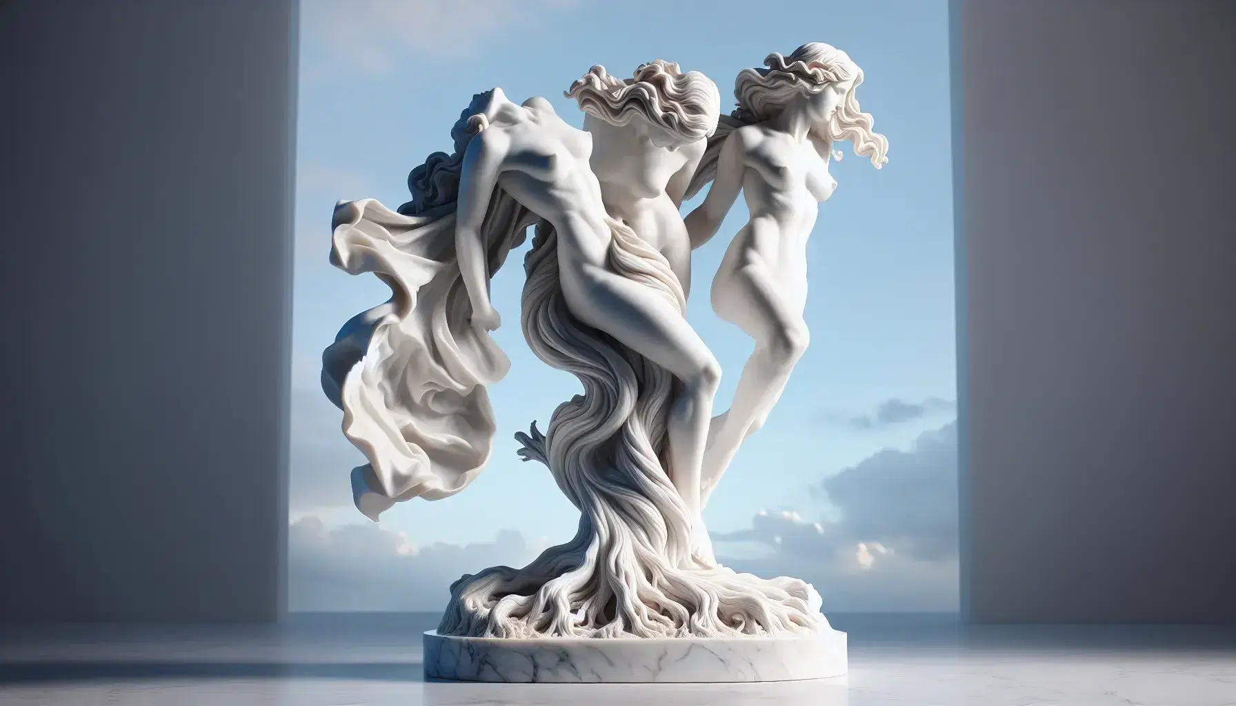 Scultura in marmo bianco di figura mitologica femminile che si trasforma in elemento naturale su base liscia, dettagli fini e gioco di luci e ombre.
