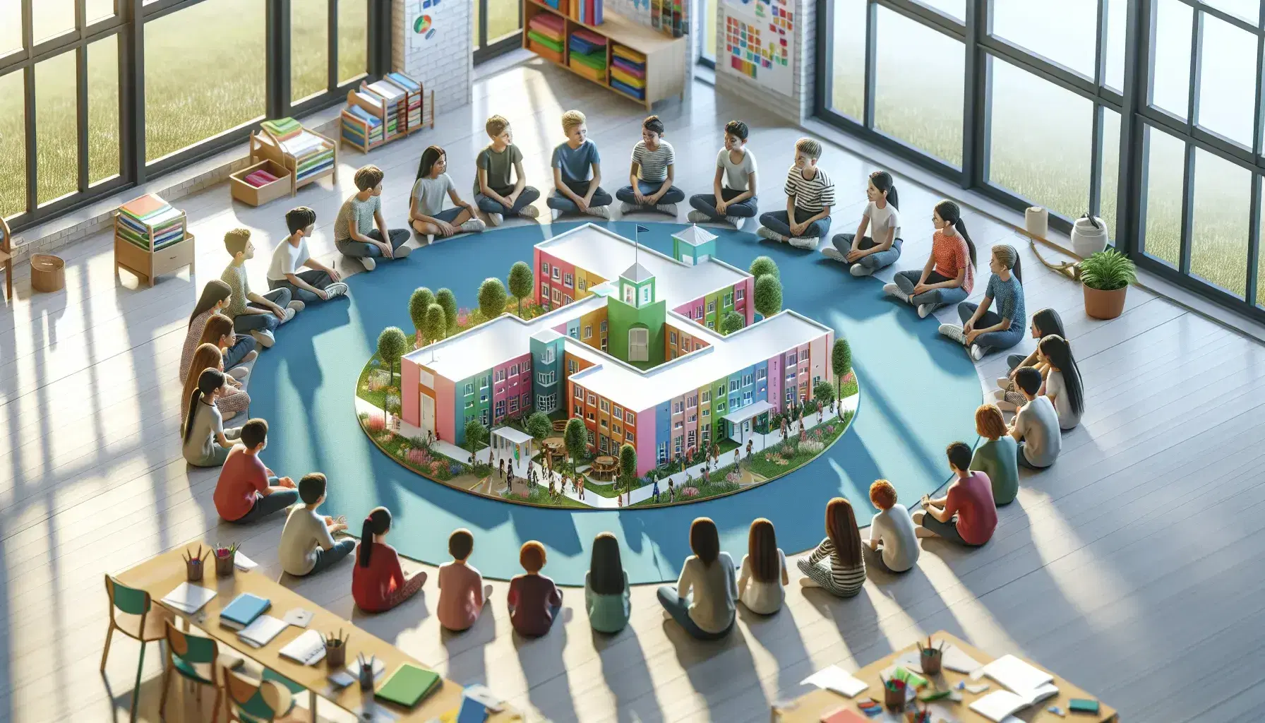 Estudiantes sentados en círculo en un aula iluminada observan maqueta detallada de una escuela, discutiendo activamente sobre su diseño.
