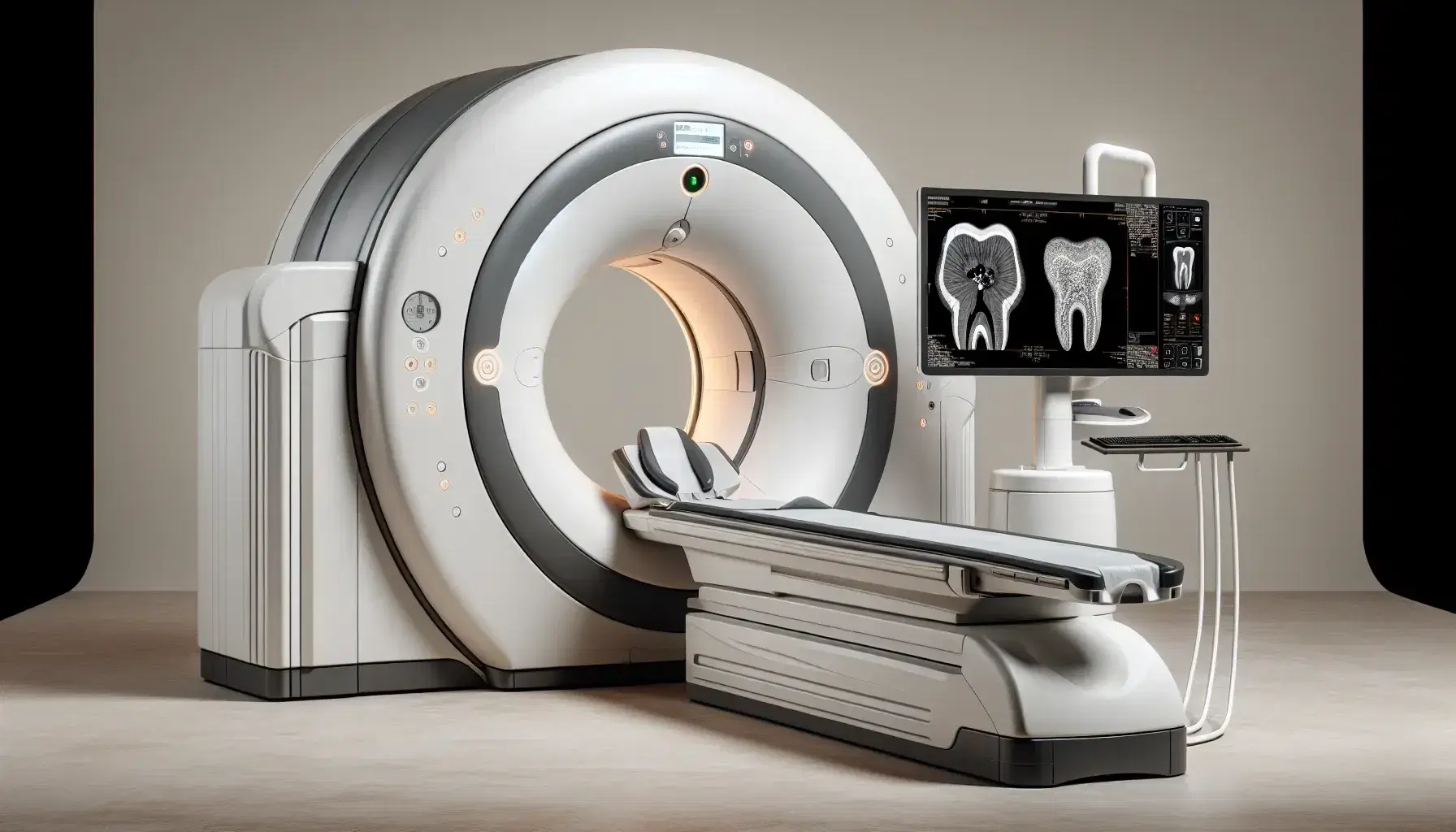 Equipo de tomografía computarizada de haz cónico CBCT en endodoncia con diseño ergonómico, arco circular blanco y pantalla mostrando estructura dental 3D.