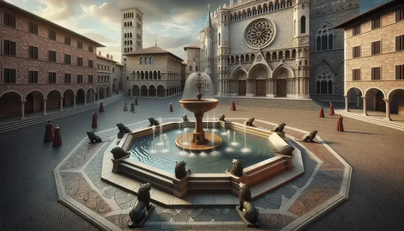 Piazza medievale italiana con fontana ottagonale, pavimentazione a ciottoli, edifici in mattoni rossi, torre campanaria e chiesa romanica.