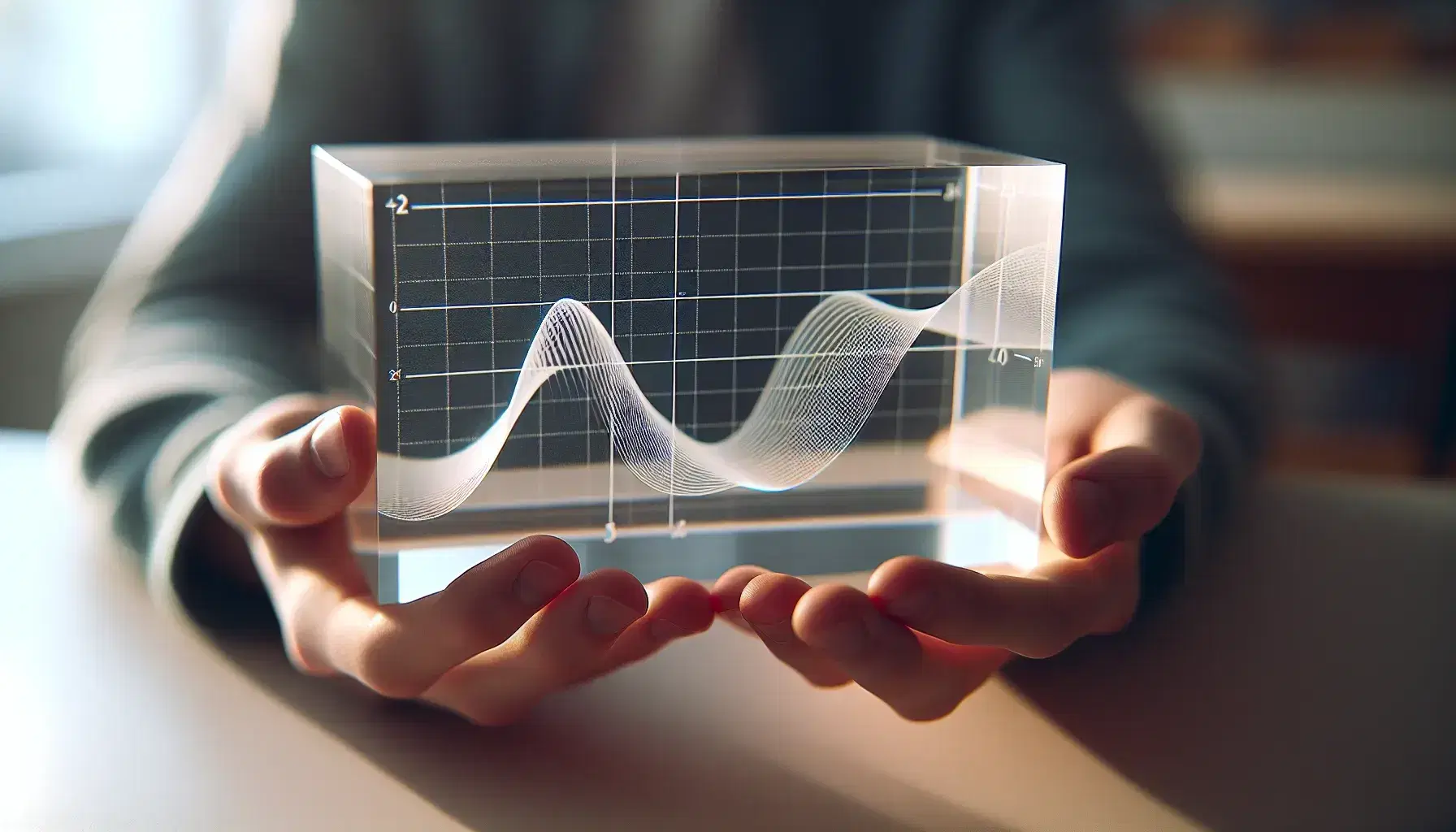Hands holding a 3D graph etched in a clear acrylic block, with a smooth curve from lower left to upper right, in a softly lit classroom setting.