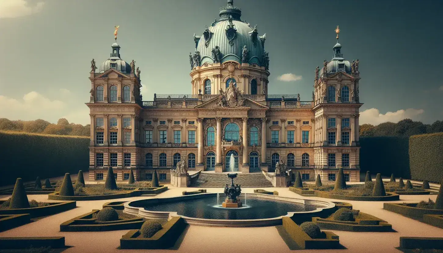 Majestic baroque-style palace with central dome and gilded statue, symmetrical wings, and ornate gardens under a clear blue sky, evoking Berlin's royal heritage.
