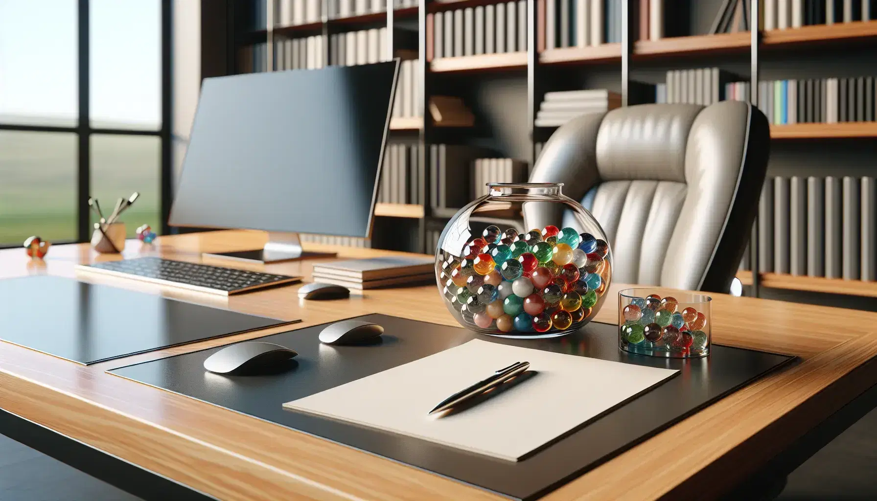 Wooden desk with modern computer, glass jar with colored marbles, blank sheets and silver pen on background of office chair and tidy bookcase.