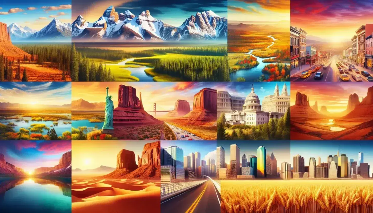 Panoramic collage showing the diversity of the United States with snow-capped mountains, green forest, red desert, skyscrapers, wheat fields and coastal beach.