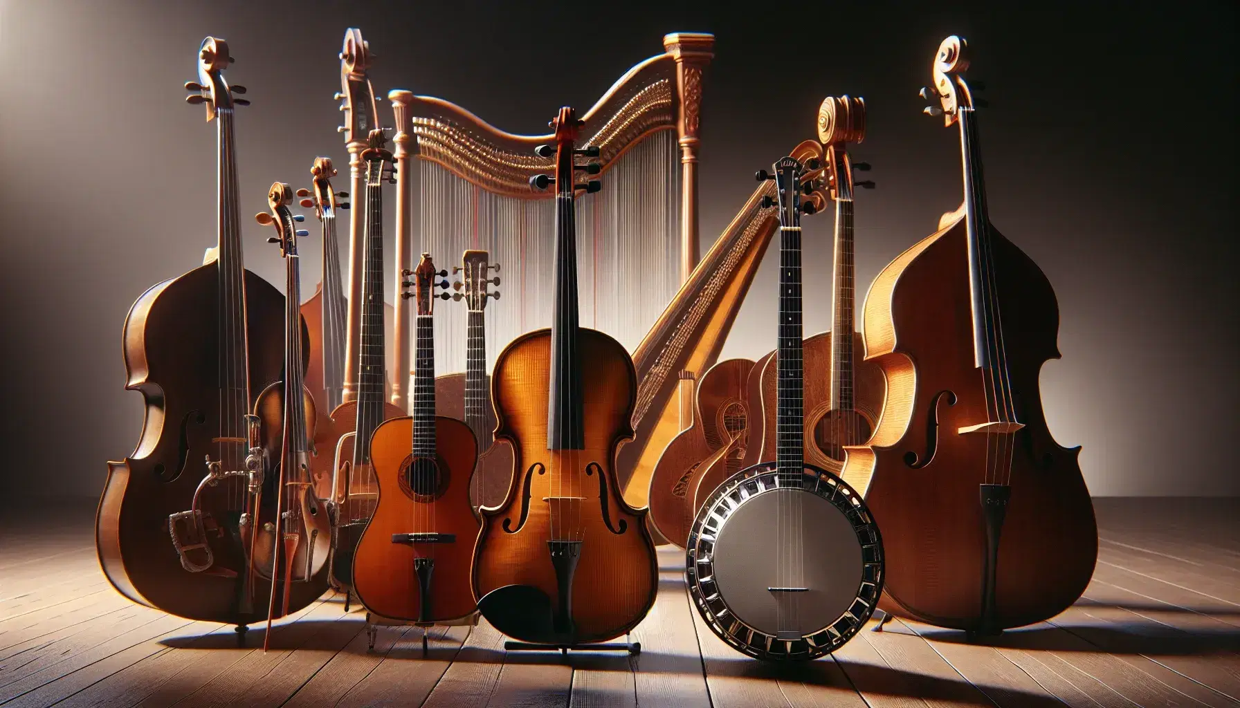 Violino con archetto, chitarra classica, banjo, contrabbasso e arpa disposti su sfondo scuro, pronti per un concerto.