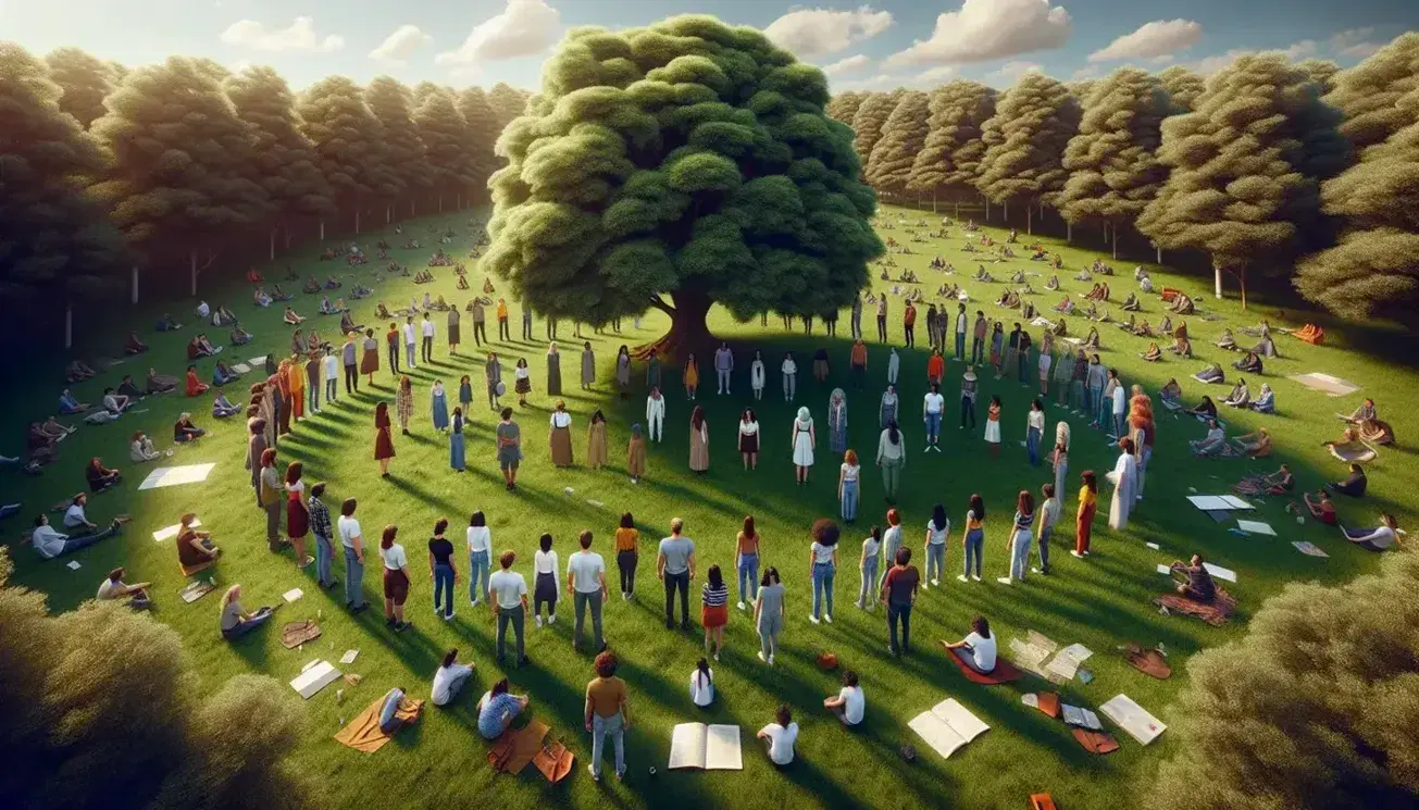 Gruppo multietnico in cerchio su prato verde con albero centrale, indossano abiti casual e sono circondati da libri, in dialogo o riflessione.