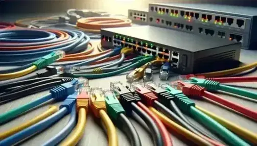 Cavi Ethernet colorati intrecciati con connettori RJ45 inseriti in uno switch di rete con LED attivi, su sfondo neutro con router e pannello patch sfocati.
