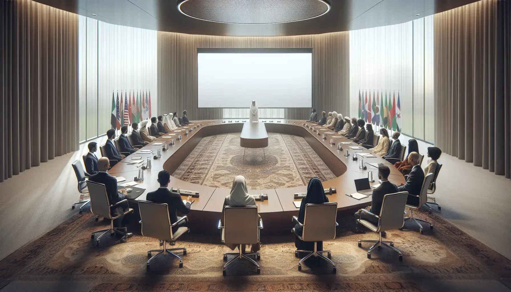 Diverse group in a conference room with a Middle-Eastern woman presenting beside a blank screen, natural light streaming through window curtains.