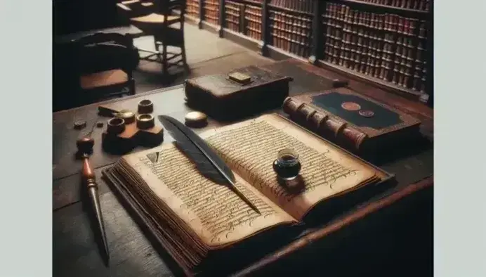 Scrivania in legno scuro con manoscritto aperto del XVII secolo, penna d'oca in calamaio di vetro e sigillo in ottone con ceralacca rossa.