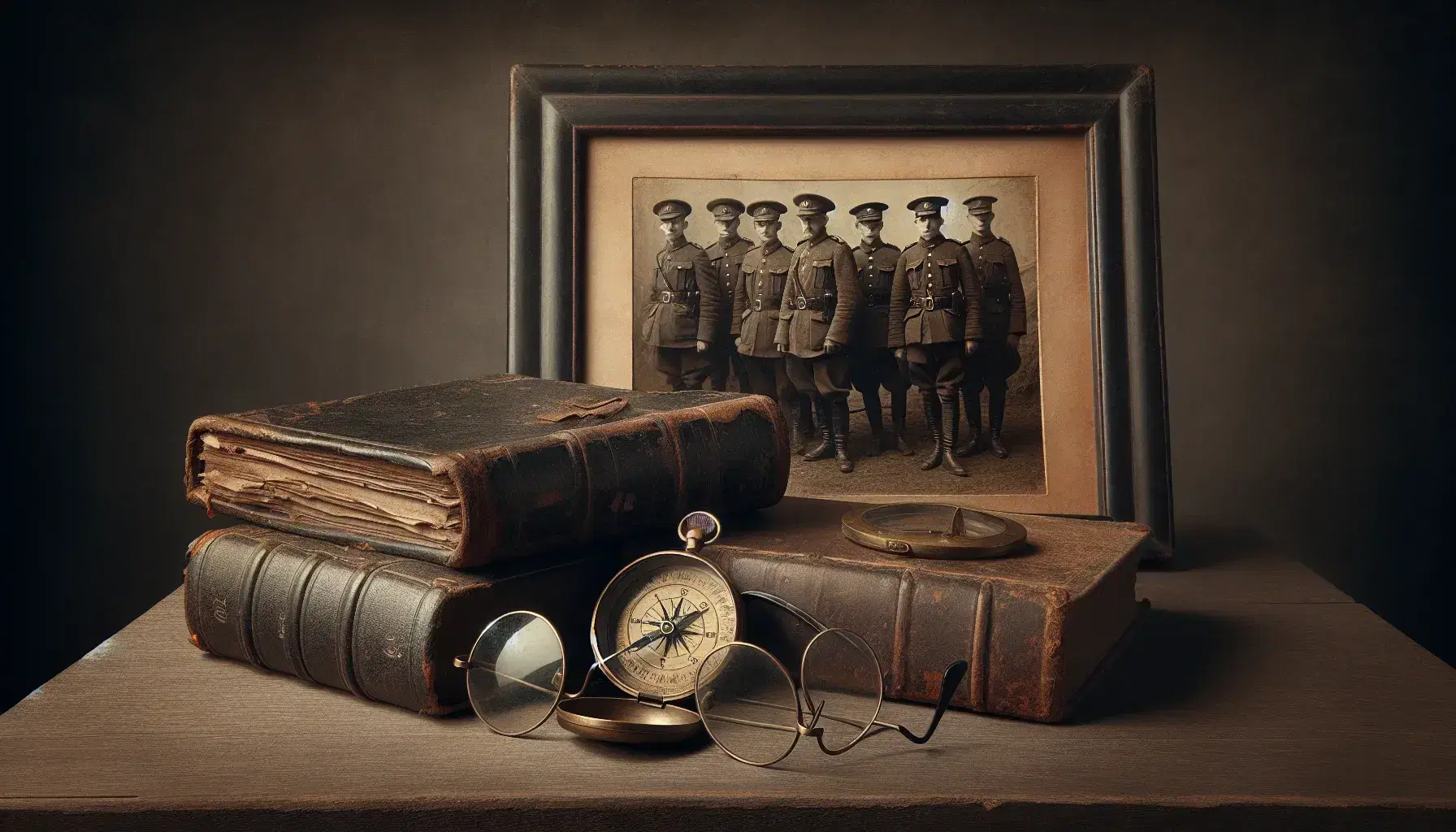 Collection of antique objects: leather book, brass compass, round glasses, black and white photos of soldiers and military cap.