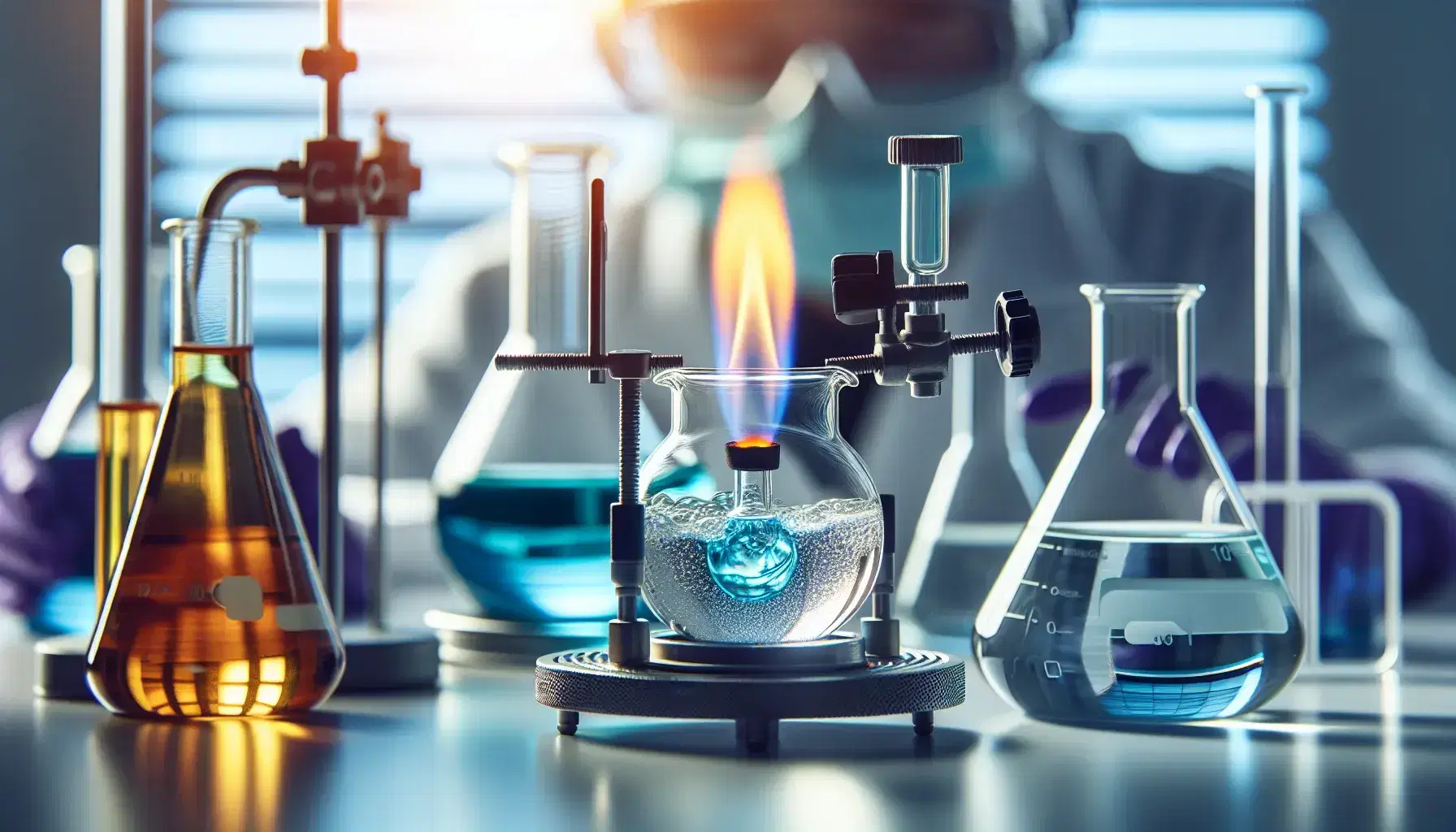 Laboratory with beakers over blue Bunsen flame and visible chemical reaction, safety glasses and nitrile gloves, bottles and substances on shelves.