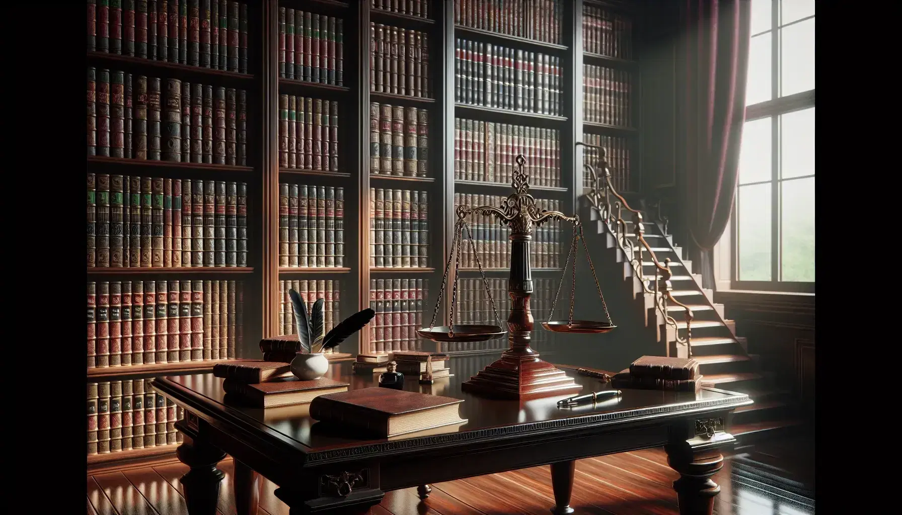 Biblioteca clásica con estanterías de madera oscura llenas de libros encuadernados en cuero, balanza de justicia metálica brillante sobre mesa tallada y pluma con tintero al lado.