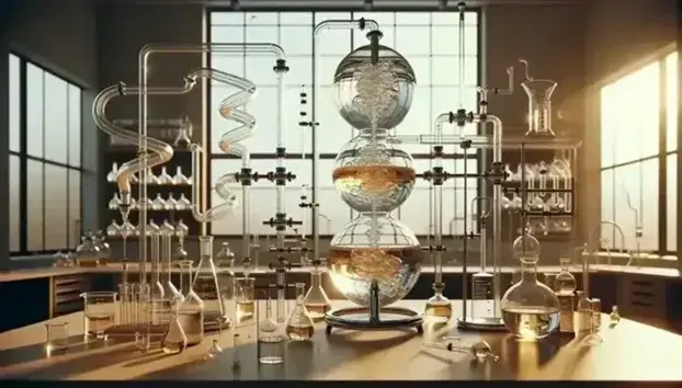 Laboratorio scientifico con apparecchiatura di distillazione in vetro, liquido ambrato in ebollizione e condensatore a spirale con acqua in circolazione.