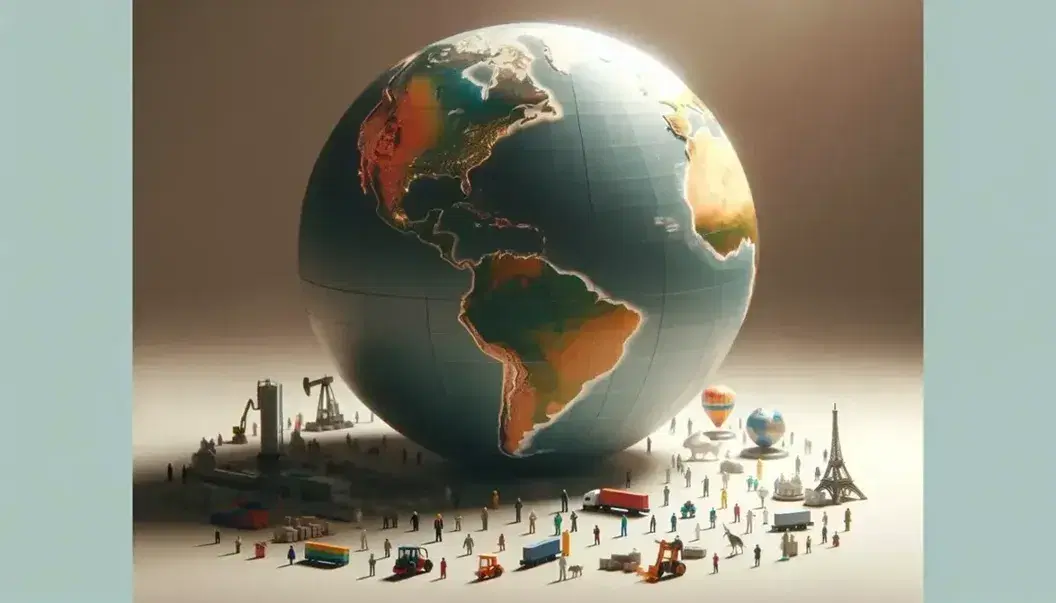 Globo tridimensional iluminado con figuras de profesionales, puerto en miniatura, tren de carga y aerogeneradores, simbolizando la actividad económica global.