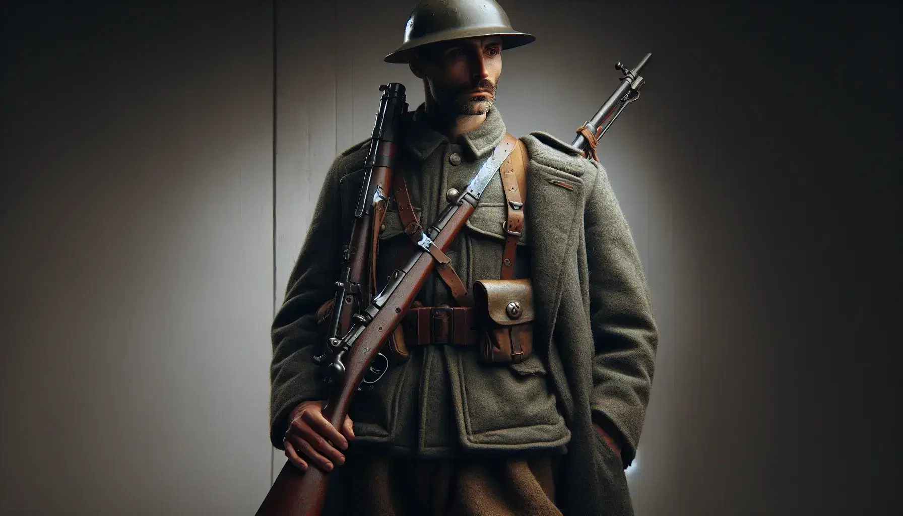 Soldato italiano della Prima Guerra Mondiale in uniforme, elmetto verde oliva e fucile, con sfondo di paesaggio collinare.