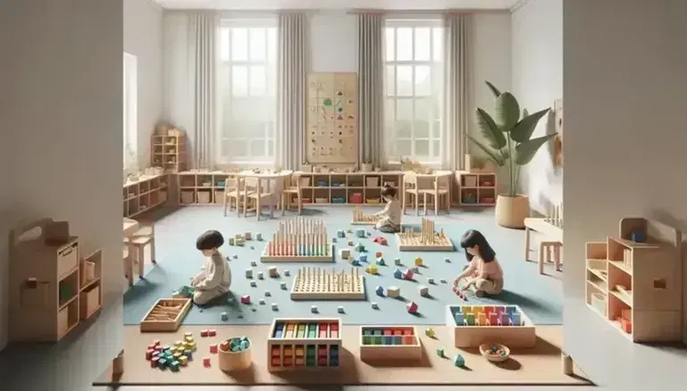 Aula luminosa con pareti chiare e bambini seduti su tappeto azzurro che giocano con blocchi colorati, perline e forme geometriche, mobili in legno e pianta verde.
