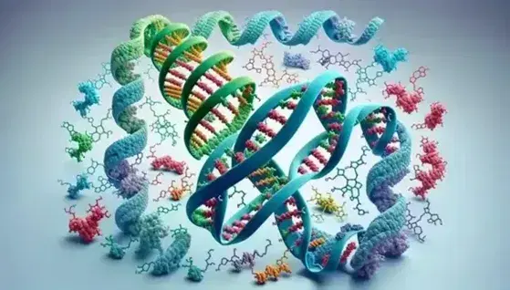 Molecular model of mRNA intertwined with tRNA molecules, with colored nitrogenous bases and amino acids attached, on a neutral background.