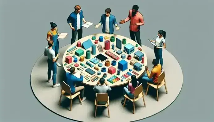 Grupo diverso de cinco personas colaborando en diseño de prototipos sobre mesa redonda con modelos coloridos y materiales de oficina bajo luz natural.