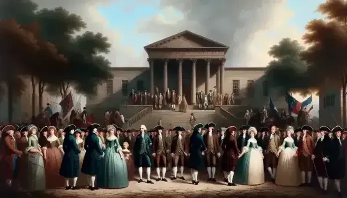 Escena histórica del siglo XVIII con personas en vestimenta de época, estructura de piedra con columnas al fondo y bandera tricolor ondeante.
