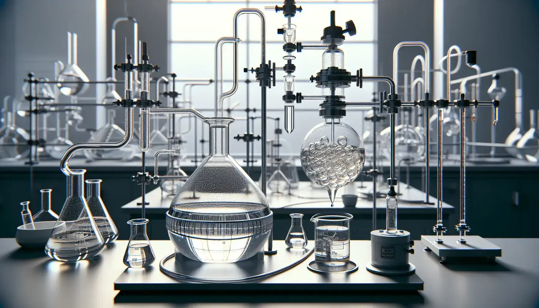 Chemical laboratory with distillation equipment, Liebig condenser, rotary evaporator and separating funnel with immiscible liquids.