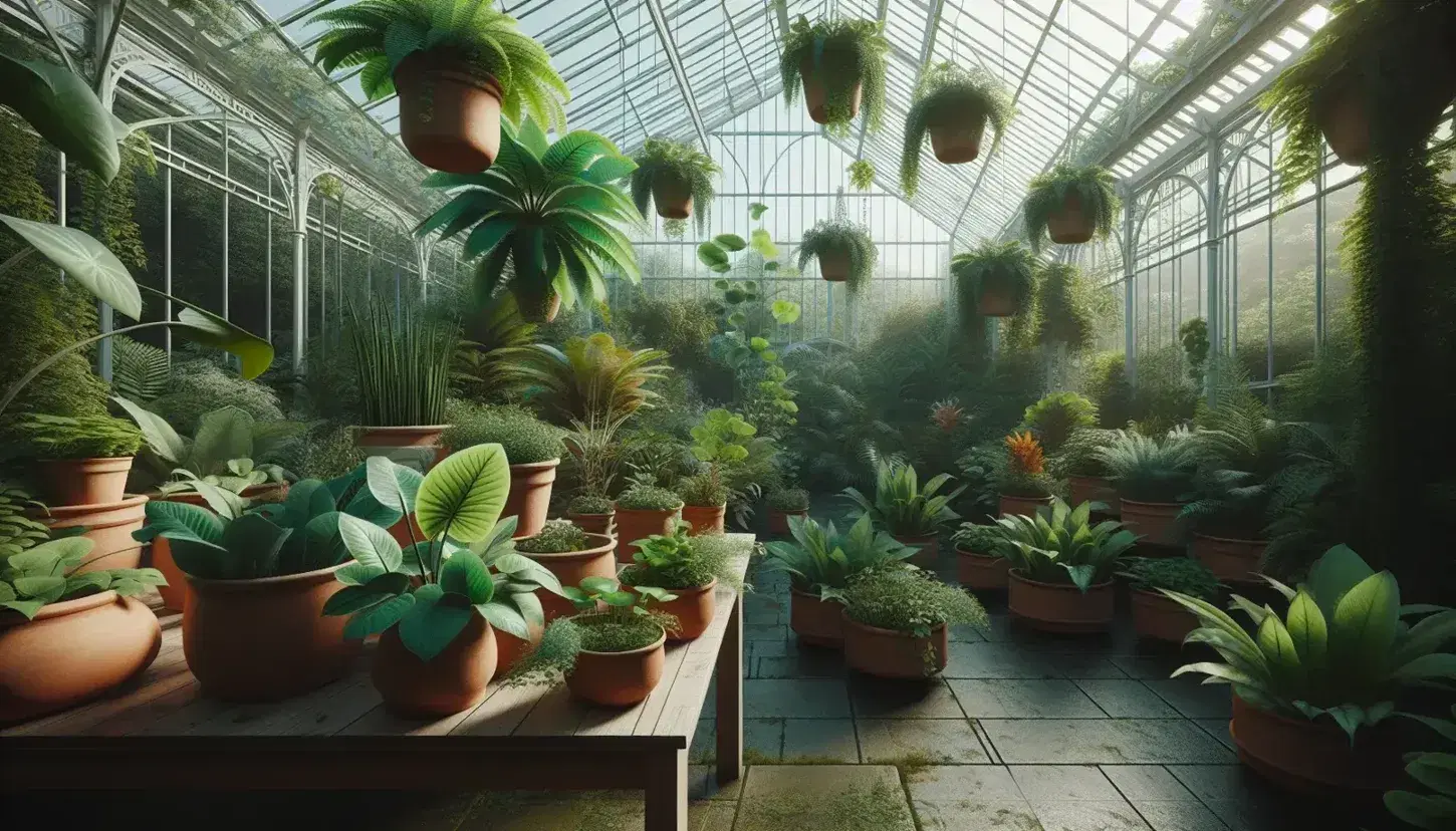 Lush greenhouse interior with terracotta potted plants on a bench, hanging greenery, and a large fern under a glass paneled ceiling.