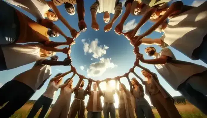 Grupo diverso uniendo manos en círculo al aire libre bajo cielo azul, expresando unidad y concentración en un entorno natural.