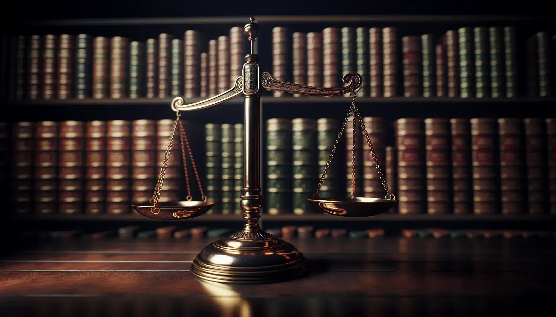 Balanza de justicia equilibrada de metal brillante sobre superficie de madera oscura, con fondo borroso de estanterías llenas de libros encuadernados en cuero.