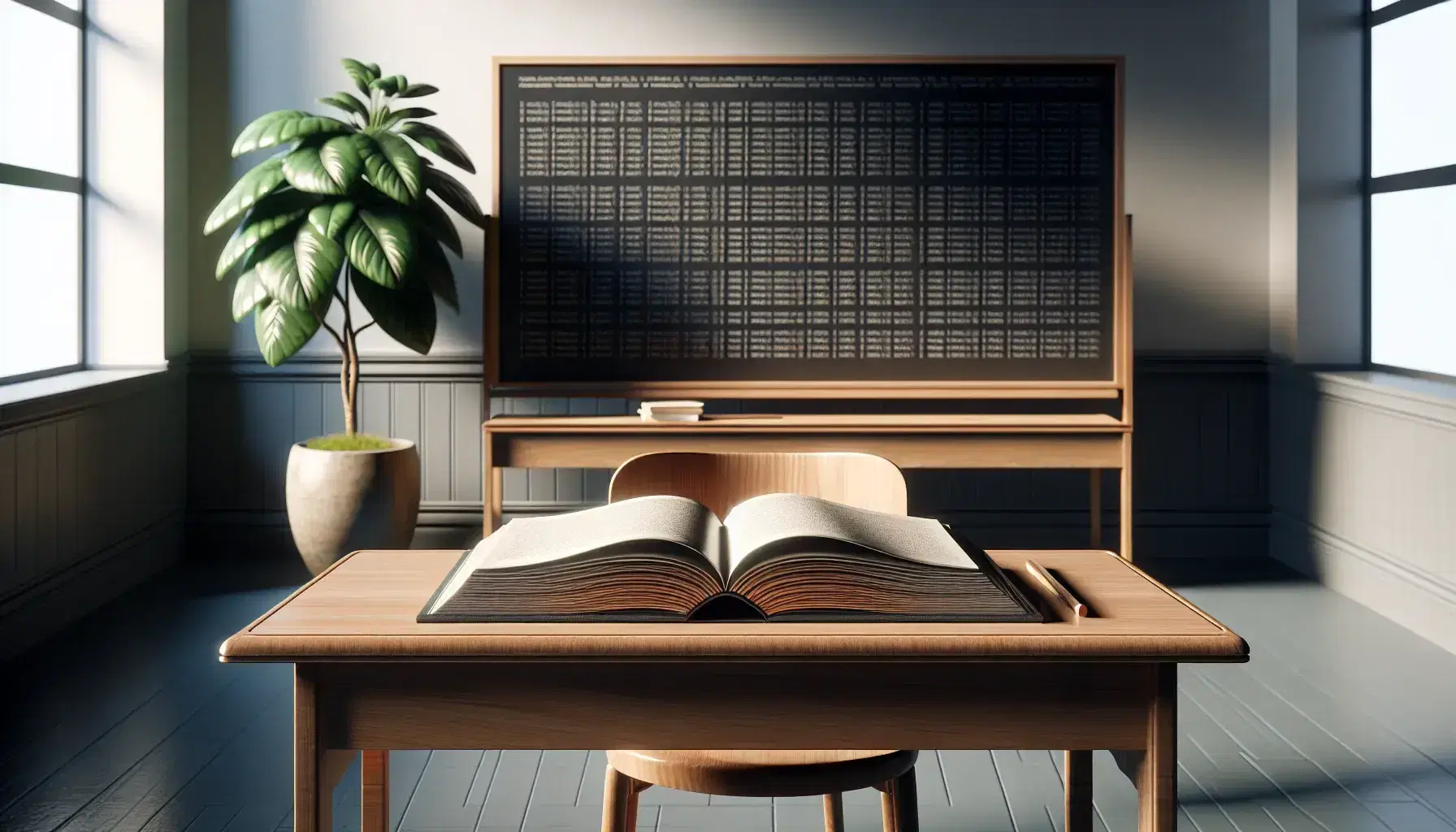 Serene classroom with polished teacher's desk, open textbook, clean chalkboard, potted plant, globe, and rows of wooden student desks.