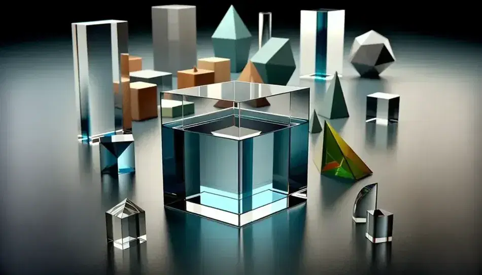 Collection of geometric prisms on reflective surface, featuring a blue-liquid-filled glass rectangle and a green translucent triangular prism among others.