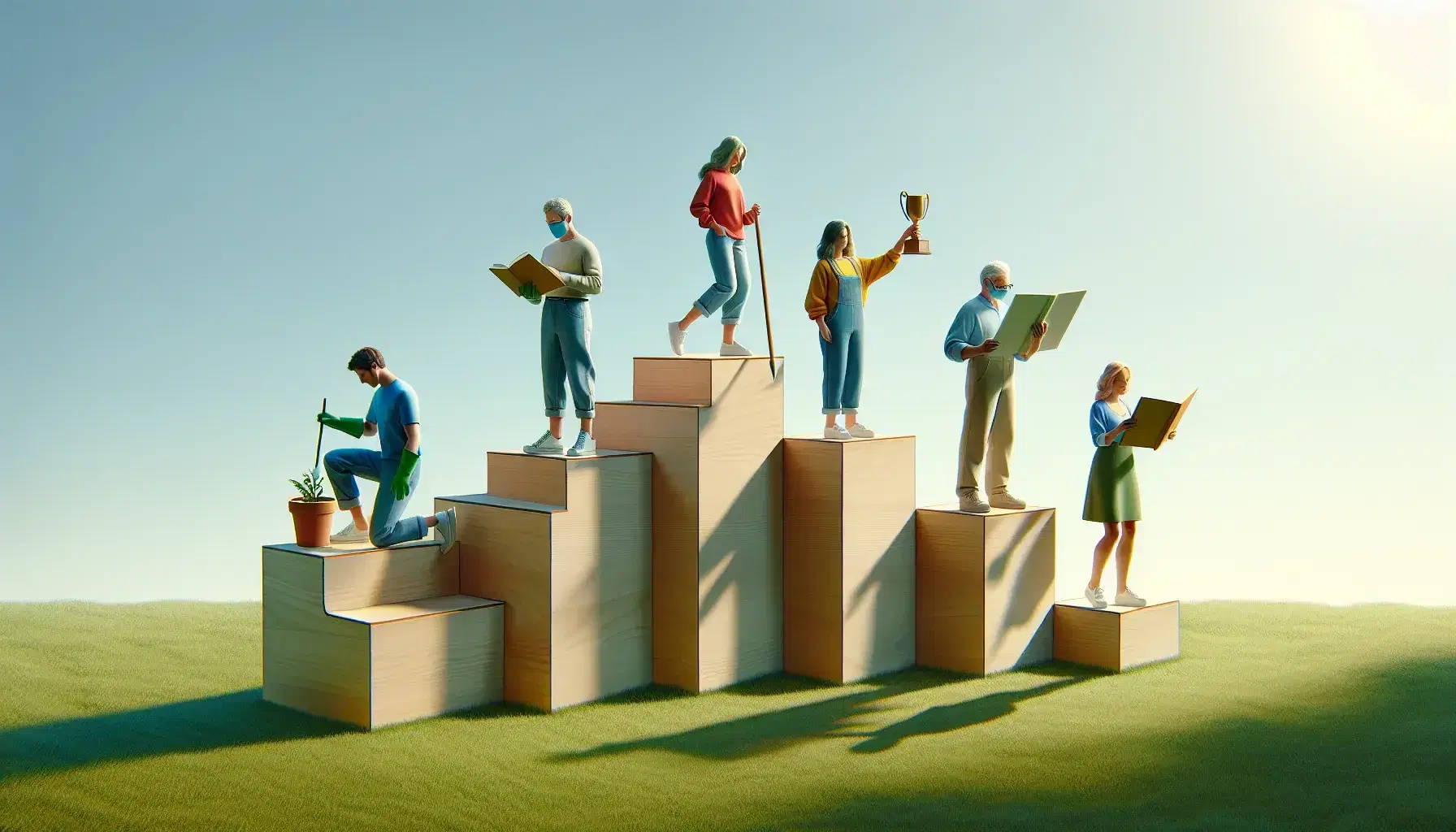 Grupo de cinco personas en plataformas ascendentes realizando actividades diversas: plantando, leyendo, pintando, levantando un trofeo y meditando al aire libre.