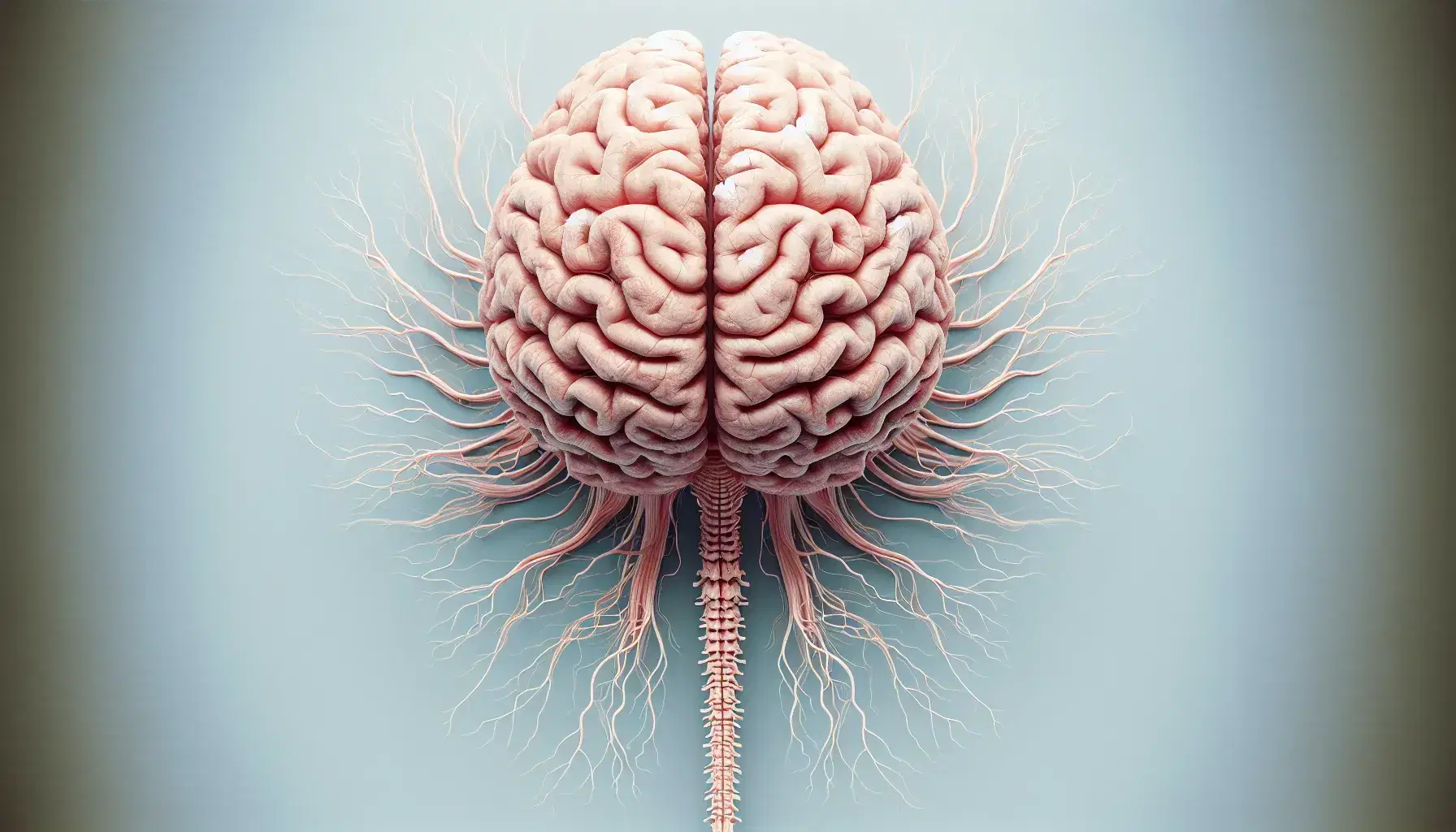 Vista superior de un cerebro humano realista con hemisferios marcados, fisura longitudinal, tronco cerebral y nervios extendiéndose sobre fondo azul claro.
