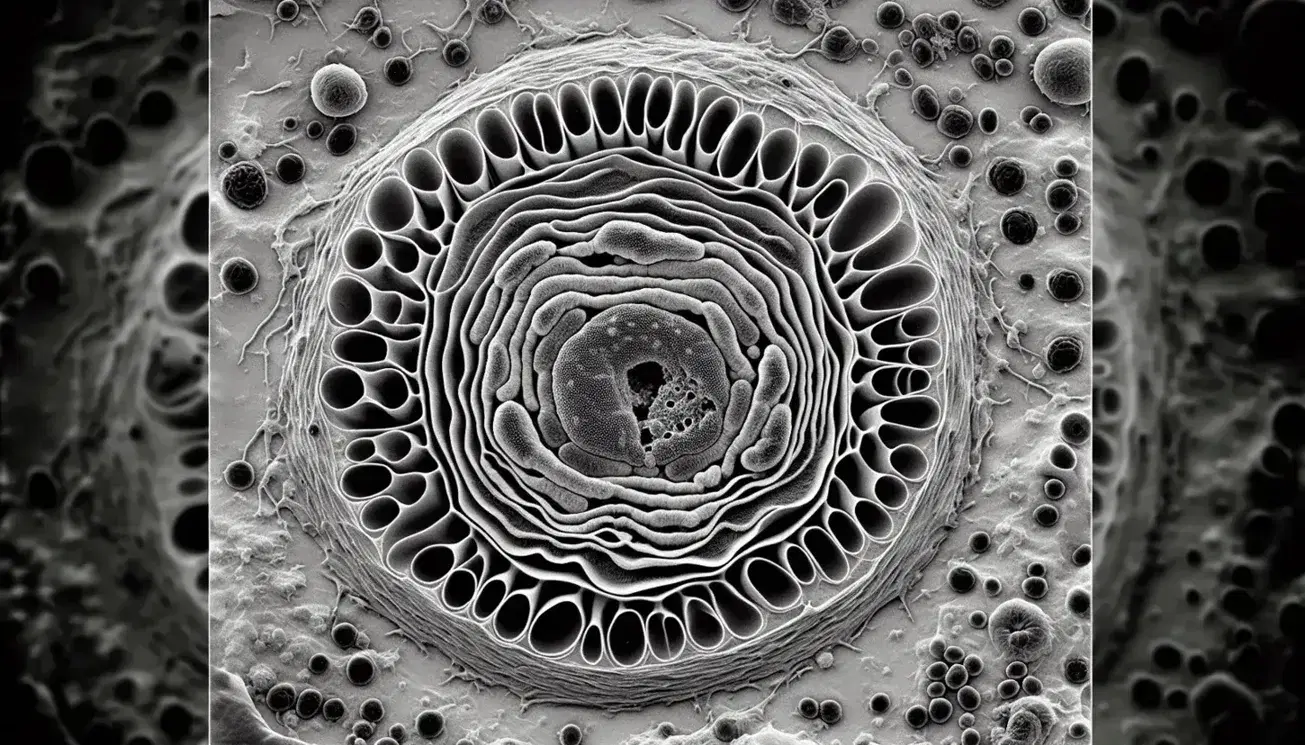 Cellula eucariotica al microscopio elettronico con nucleo, nucleolo, reticolo endoplasmico, apparato di Golgi, lisosomi, mitocondri e citoscheletro.