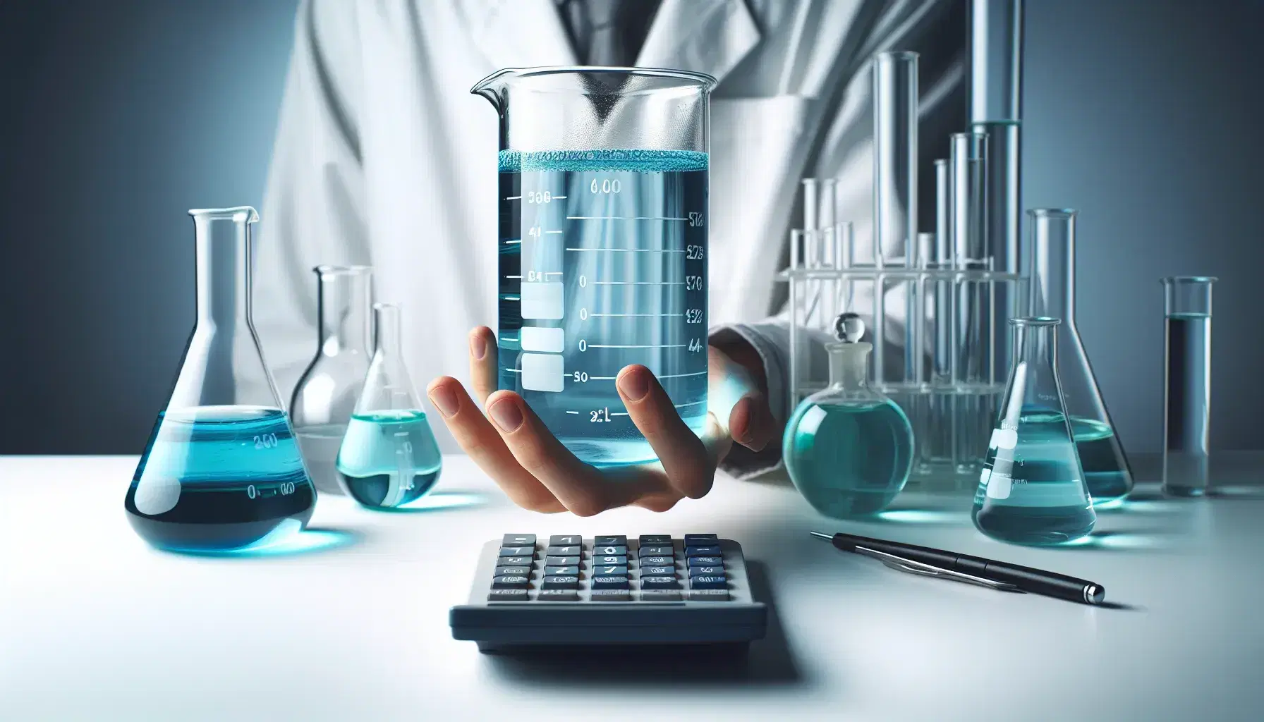 Hand in lab coat holds cylindrical test tube with blue liquid on white background, blurry scientific calculator in foreground, glassware with colored liquids on bench.
