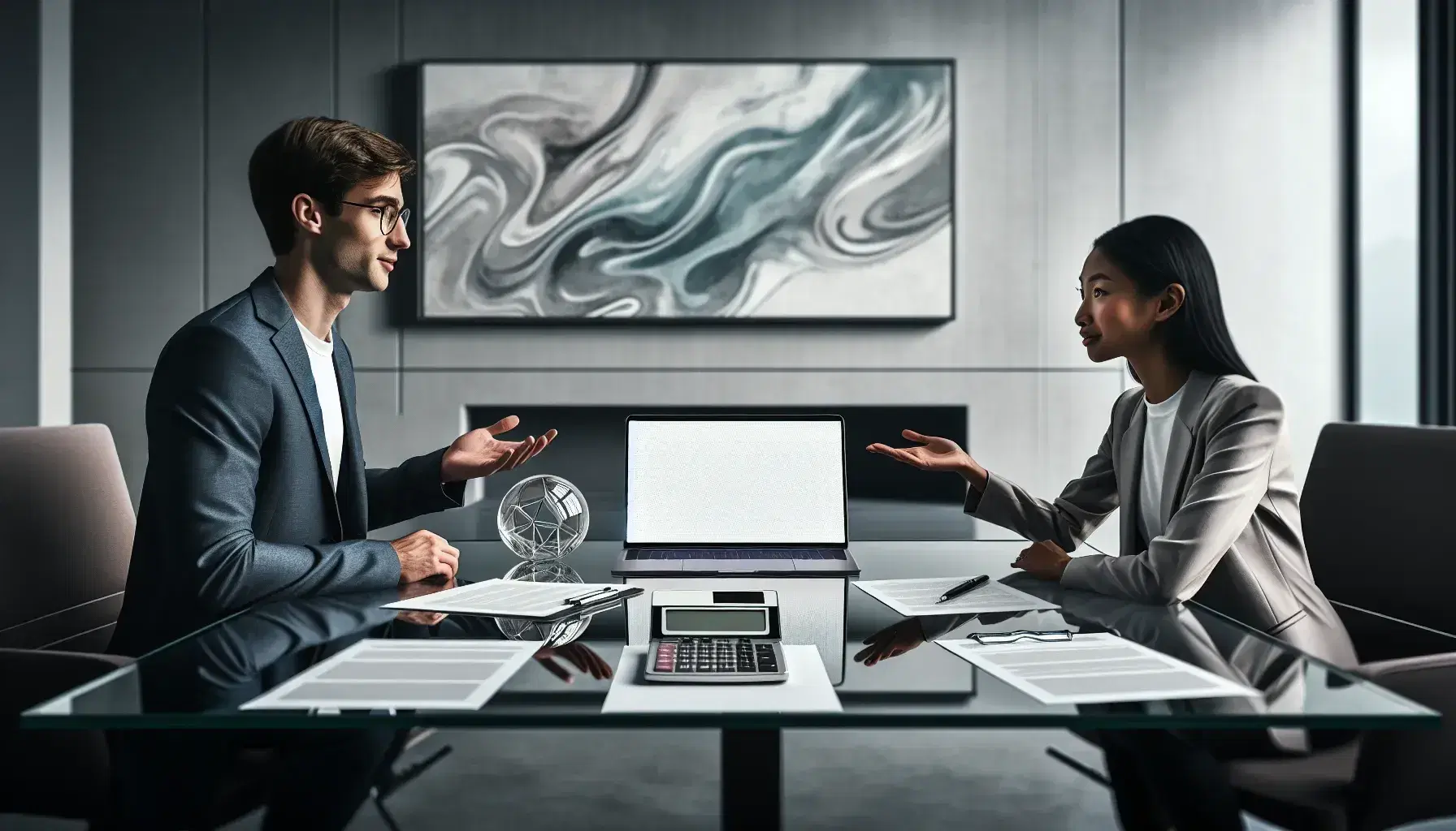 Two professionals in a meeting, one gesturing, the other listening, with a laptop, calculator, and papers on a glass table, abstract art in the background.