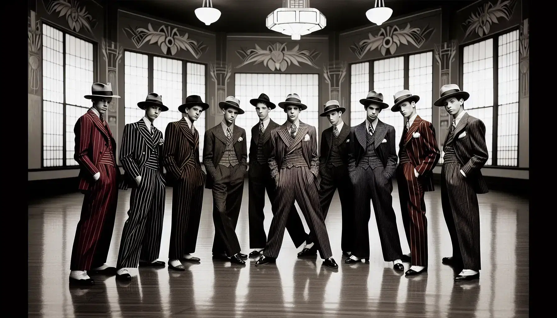 Young men in colorful zoot suits with wide-brimmed hats stand confidently in a dance hall, reflecting the vibrant zoot suit era.